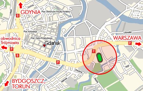 Stadion na mapie centrum Gdaska